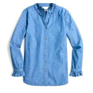 JCrew long sleeve, ruffled collar. Light denim.